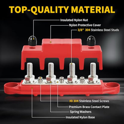 Bus Bar 250A 12V Power Distribution Block 4 x 3/8"(M10) Studs for Automotive Marine Car Audio, 12 Volt Battery Busbar Terminal Block with Waterproof Cover (Pack of 2, Positive & Negative) - size: 3/8"(M10) Studs