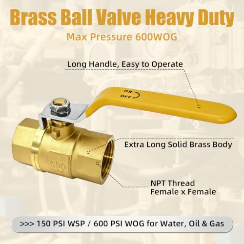 4 Pack 1" Brass Ball Valves, NPT Female Full Port Shut Off Valve, 1inch NPT Ball Valve, Heavy Duty Threaded Brass Connector, 600 WOG for Water, Oil, Gas & Hydraulic Systems - size: 1 Inch
