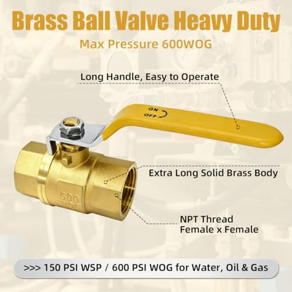 4 Pack 1" Brass Ball Valves, NPT Female Full Port Shut Off Valve, 1inch NPT Ball Valve, Heavy Duty Threaded Brass Connector, 600 WOG for Water, Oil, Gas & Hydraulic Systems - size: 1 Inch