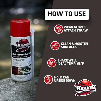Kraken Bond Black Spray Waterfall Foam Sealant - (1x12oz) Expanding Polyurethane Pond Foam Sealer Black, UV Resistant Insulating Spray for Landscape & Exterior, Straw Use, 1 Pack - size: 1 Pack