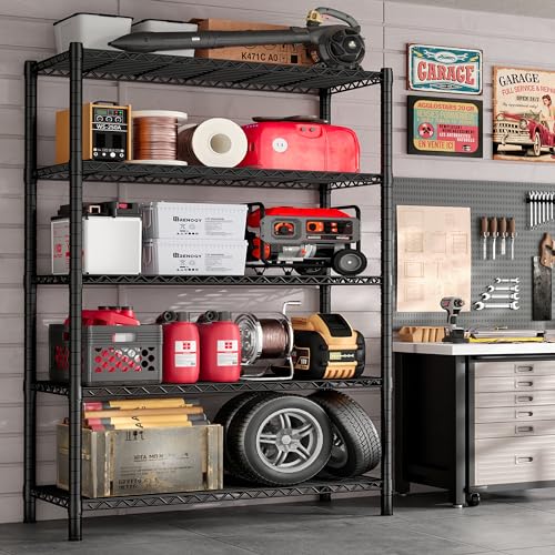 REIBII 5 Tier Storage Shelves with Wheels,1980LBS Metal Shelving for Garage - color: Black, size: 76"H x 36"W x 16"D 5 Tier