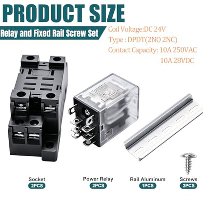 mxuteuk 2pcs JQX-13FL DC 24V Coil 8 Pin 10A DPDT LED Indicator Electromagnetic Power Relay, with Base, with DIN Rail Slotted Aluminum - color: Black-8Pin-10A&Base, size: DC 24V