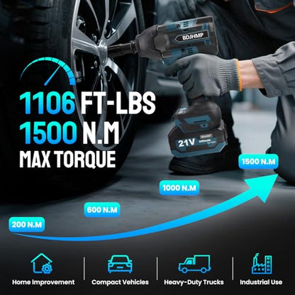 Cordless Impact Wrench 1/2 Inch, Brushless Impact Gun 1500 N.m/1106ft-lbs - color: Blue With Battery