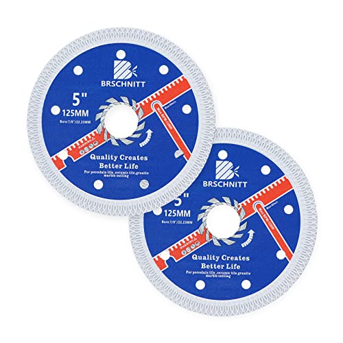 Super Thin Diamond Porcelain Saw Blade with X Teeth,BRSCHNITT 2pcs 5 Inch (125mm) x Arbor 7/8" Angle Grinder Diamond Cutting Disc for Dry/Wet Cutting Porcelain Tile Ceramic Marble Granite - size: 125mm(5")