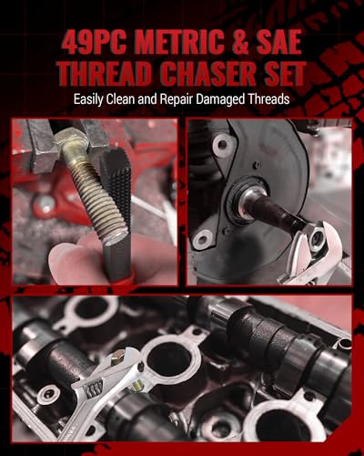 Reywoo 49 PC Thread Chaser Set, Metric and SAE Thread Restorer Tool - size: 49 PC in UNC UNF Metric Sizes