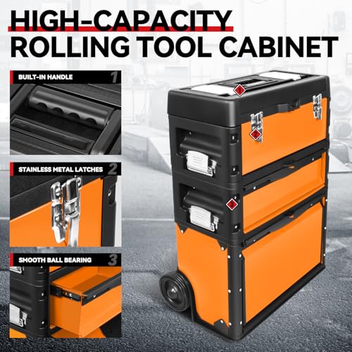 Auto Dynasty 3-Tier Rolling Trolley Tool Box Stackable w/Wheels, Orange - color: Orange