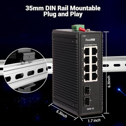Industrial Ethernet Switch, 10-Port Gigabit Din Rail Switch Hardened, 1000Mbps, 8 Ethernet Ports + 2 SFP Port, Din Rail & Wall Mountable (-40 to 185 F), 20Gbps Switching Capacity, with UL Power Supply