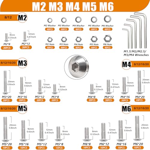 Taiss 910PCS Metric Screw Assortment M2 M3 M4 M5 M6,304 Stainless Steel Button Head Socket Cap Metric Screws Bolts Nuts and Washers Assortment Kit with Hex Wrenches - color: SS 910PCS Metric Kit