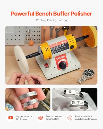 VEVOR Bench Buffer Polisher, 1/2HP Polishing and Buffing Machine, 0 to 8000RPM Benchtop Polisher with 2PCS 4" Cotton Wheel, 3PCS 3" Abrasive Fiber Wheels & Polishing Compound for Metal Jewelry Wood - style: 1/2HP-4inch