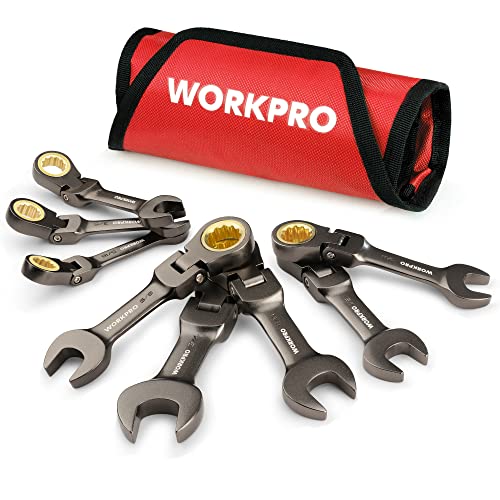 WORKPRO 8 Piece Flex Head Stubby Ratcheting Wrench Set, SAE 5/16-3/4 in - size: SAE, style: Nickel-plated