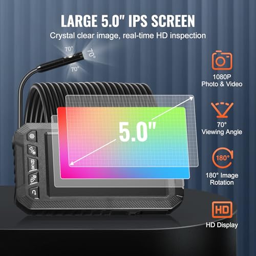 VEVOR Endoscope Camera with Light, Triple Lens Industrial Borescope, 5" Screen 1080P Inspection Camera, 8 + 2 Lights, IP67 Waterproof Snake Cameras for Automotive, Plumbing (16.4FT Cable, 32GB Card) - size: 16.4FT
