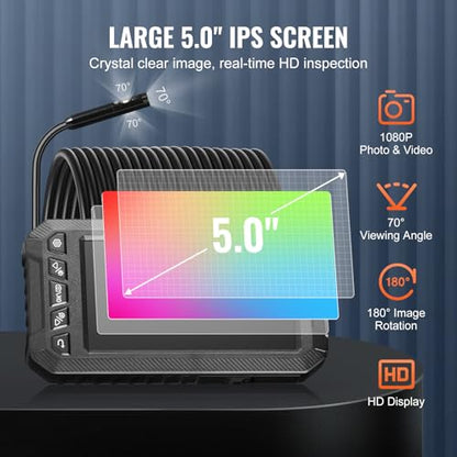 VEVOR Endoscope Camera with Light, Triple Lens Industrial Borescope, 5" Screen 1080P Inspection Camera, 8 + 2 Lights, IP67 Waterproof Snake Cameras for Automotive, Plumbing (16.4FT Cable, 32GB Card) - size: 16.4FT