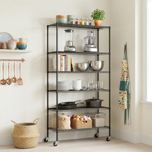 PayLessHere | 6-Tier Wire Shelf with Wheels | 45"x18"x82" | Black - color: Black, size: 45"D x 18"W x 82"H