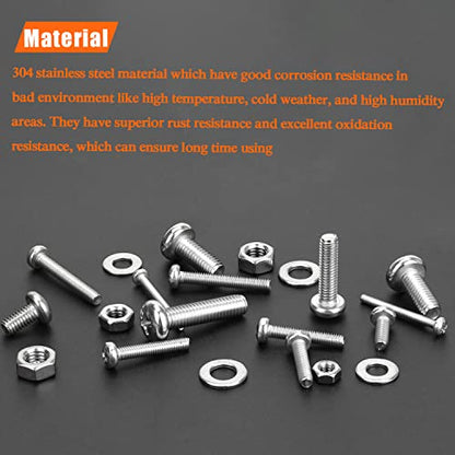 HELIFOUNER 1280 Pieces M2 M3 M4 M5 Phillips Pan Head Machine Screws, Flat Washers and Nuts Assortment Kit, 304 Stainless Steel - size: M2 M3 M4 M5