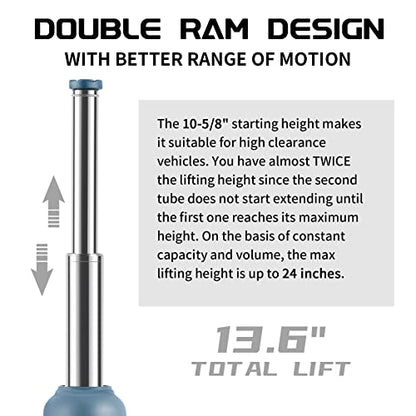 BAOSHISHAN 4 Ton Double Ram Bottle Jack 10.43" to 24" Lift Range - size: 4 Ton (High Lift)