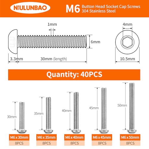 M6 x 30mm 35mm 40mm 45mm 50mm Button Head Socket Cap Screws Bolts 304 Stainless Steel Metric Allen Hex Drive, Machine Fully Threaded, Assortment Kit 40PCS - size: M6 x 30/35/40/45/50mm (40PCS)