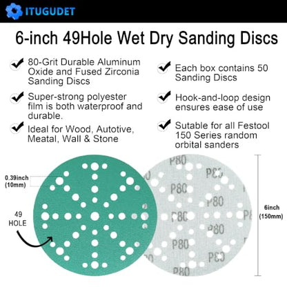 6 Inch 49 Hole Wet Dry P80 Grit Sanding Discs - 50 Pack Box - color: 80 Grit, size: 6 Inch 49 Hole