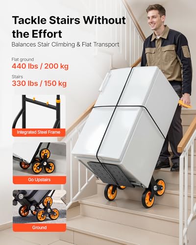 VEVOR Stair Climbing Cart 440 lbs, 330 lbs Stair-Climbing Capacity, Heavy-Duty Folding Trolley Cart with Telescoping Handle, 6 Wheels and 2 Bungee Cords for Home, Groceries, Warehouse - size: 23.6" x 18.1" x 42.9"
