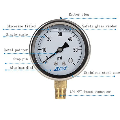 Pressure Gauge,Glycerin Liquid Filled,2.5" Dia,0-60 psi(Single Scale),1/4" NPT Brass Connection,Lower Mount, Stainless Steel Case,for Pneumatic,Pump,Hose,Well Tank,Gas Air Water Oil - size: 0-60 psi, style: lower mount(single scale )