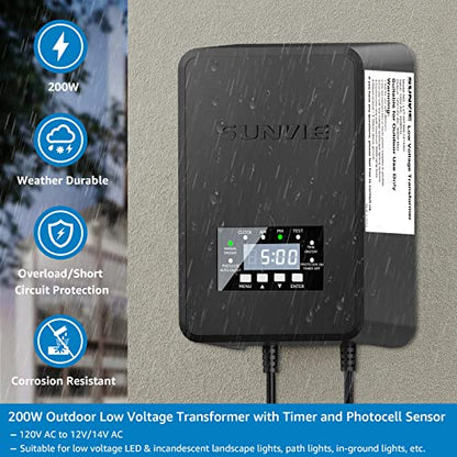 SUNVIE 200W Low Voltage Landscape Transformer with Timer & Photocell Sensor