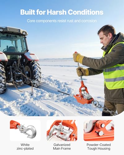 VEVOR Rope Puller, 6614 lbs Pulling Capacity, Heavy Duty Ratchet Power Puller Tool with 35 ft of 0.3 in Diameter Rope & 2 Hooks, Come Along Winch for Tree Felling, Moving Boats, Road Recovery - size: 3 Ton