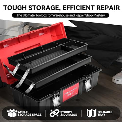 Auto Dynasty 3-Layer Folding Tool Box, Portable w/Non-Slip Handle Tray, Red - color: Red, size: 3-Layer