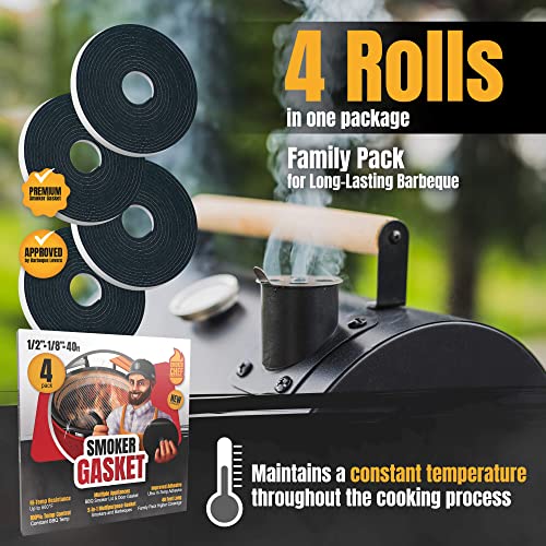 XXL 40 FT Grill Gasket for Smokers - Black 1/2’’ x 1/8’’ Hi Temp Seal Smoker Gasket – 4-Pack x 10 FT Self Stick Black Nomex Fire Tape BBQ Lid – Bbq Grill Smoker Accessories Gifts for Men - style: Universal Gasket - 40 FT