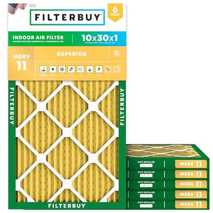 Filterbuy 10x30x1 Air Filter MERV 11 Pet & Allergy Defense (6-Pack) - size: 10x30x1