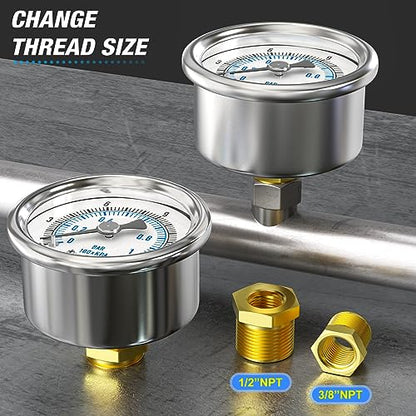 MEANLIN MEASURE 0~15Psi Dry Low Pressure Gauge Stainless Steel 1/4" NPT 2" FACE DIAL Waterproof for Water Oil Air Well Pump Tank Tire Pressure Test Back Mount, with 1/2" NPT and 3/8" NPT Hex Bushing - size: 0-15Psi