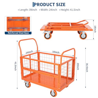 6-in-1 Folding Flatbed Dolly, 1800lbs Heavy Duty Platform Cart with Cage - color: Orange