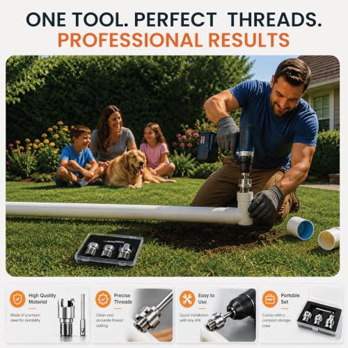 3PCS PVC Pipe Threader Kit, Internal & External Pipe Threading Tool for 1/2", 3/4" & 1" PVC/PPR Pipes, Drill Compatible Pipe Thread Cutter with 1/4" Hex Shank & Storage Case