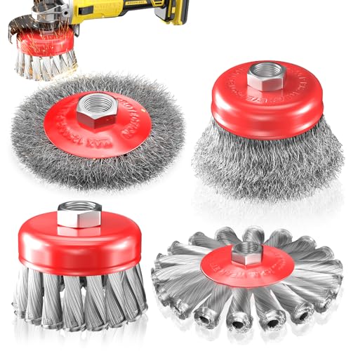 BURMONG 4 PCS Wire Wheel Brush for 4-1/2" Angle Grinder, Carbon Steel Knotted & Crimped Cup/Wheel Brushes (3" & 4"), Heavy Duty Rust, Paint, Corrosion Removal, 5/8"-11 UNC Threaded Arbor