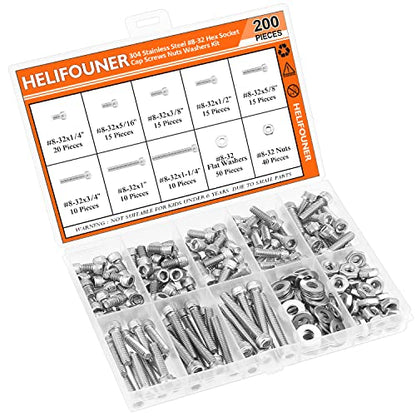 HELIFOUNER 200 Pieces #8-32 x 1/4" 5/16" 3/8" 1/2" 5/8" 3/4" 1" 1-1/4", Hex Socket Head Cap Screws Bolts Washers Nuts Kit, Coarse Thread, Fully Machine Threaded, 304 Stainless Steel - size: #8-32, style: Socket Head