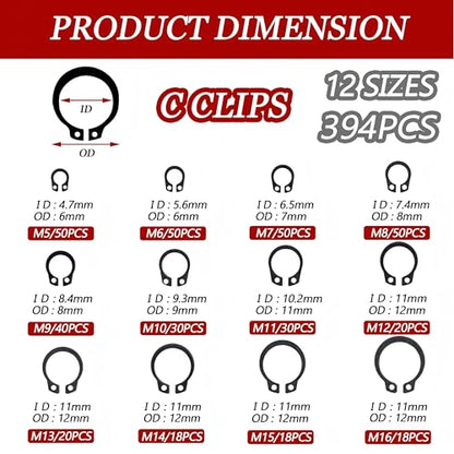 840Pcs C Clips Assortment (M5-M16) and E Clips Assortment Set (M2-M12), External Retaining Rings,Bearing Retaining Ring,Carbon Steel Circlip Retaining Clip,Black