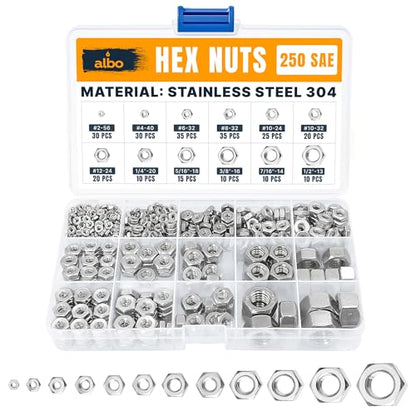 ALBO 250 PCS SAE Hex Nuts Assortment – Stainless Steel 304 Hardware Set (#2-56 to 1/2"-13) – SAE Nut Assortment in Organizer Box – 1/4 20 Nut, 3/8 Nuts, 1/2 Nuts, etc. - size: SAE Set 250pcs