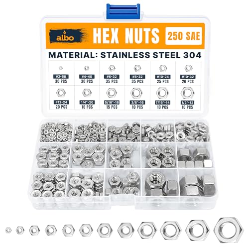 ALBO 250 PCS SAE Hex Nuts Assortment – Stainless Steel 304 Hardware Set (#2-56 to 1/2"-13) – SAE Nut Assortment in Organizer Box – 1/4 20 Nut, 3/8 Nuts, 1/2 Nuts, etc. - size: SAE Set 250pcs