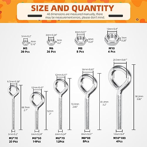 Tanstic 116Pcs Eye Bolt with Nut Assortment Kit, M5 M6 M8 M10 Zinc-Plated Carbon Steel Eye Hooks Screws Bolts with Hex Nuts