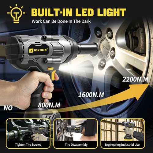 JEXUGK 2200Nm Cordless Impact Wrench, 1/2" Electric Impact Gun with 2 x 6.0Ah Batteries, 21V Brushless High Torque Impact Wrench with 5 Pneumatic Sockets, Impact Driver for Truck Tire Lug Nut Removal