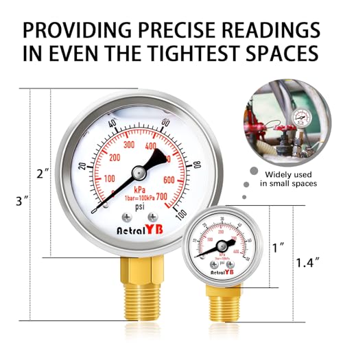 1-Inch Mini Pressure Gauge, 0-60 PSI / 0-400 kPa, Dual-Scale Dial, 1/8” NPT Bottom Mount, Stainless Steel Gauge for Coffee Machines, Motorboats, Water Pumps, and Pneumatic Tools - size: 0-60 PSI, style: Lower Monut