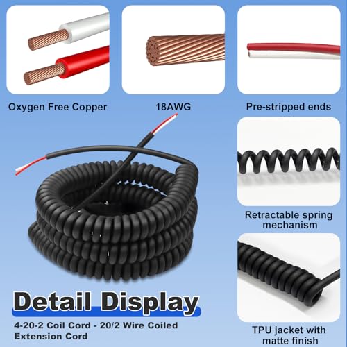 4-20-2 Coil Cord – 20/2 Wire Coiled Extension Cord, 2-Wire Retractable 20FT Spring Cable, 18AWG Conductor, SJEO Oil-Resistant Jacket for Garage Door Sensors, Industrial Controls