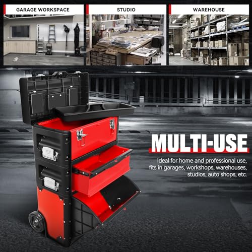 Auto Dynasty 3-Tier Rolling Trolley Tool Box Stackable w/Wheels, 19.5"Red - color: Red