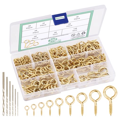 MAPVOLUT 306 PCS 304 Stainless Steel Eye Hooks Screws Assortment Kit, 9 Sizes (0#-10#) Zinc Plated Eyelet Screws + 6 Sizes Drill Bits, Eye Pins, and Eye Bolts for Wood (Gold) - color: Gold