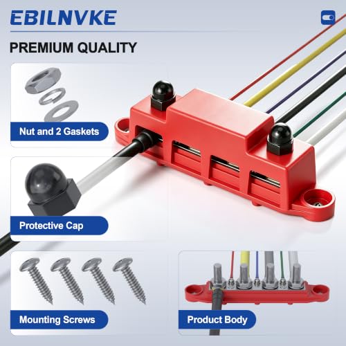 Bus Bar 12V 250A Power Distribution Block 4 x 3/8"(M10) Studs - color: Red&Black M10 250A
