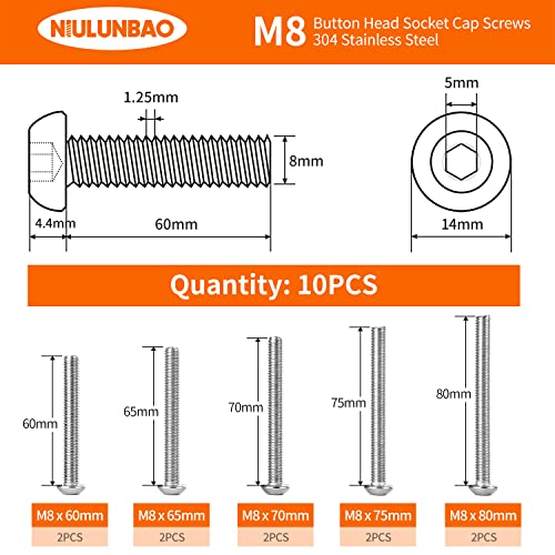 M8 x 60mm 65mm 70mm 75mm 80mm Button Head Socket Cap Screws Bolts, 304 Stainless Steel, Metric Allen Hex Drive, Machine Fully Threaded, Assortment Kit 10PCS - size: M8 x 60/65/70/75/80mm (10PCS)