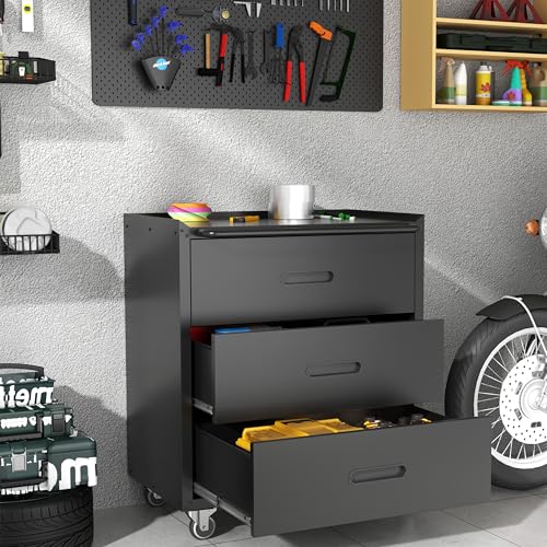 Mobile Garage Tool Storage Cabinet with 3 Drawers,Black Rolling Cabinet - color: Black, style: 3 drawer with wheels