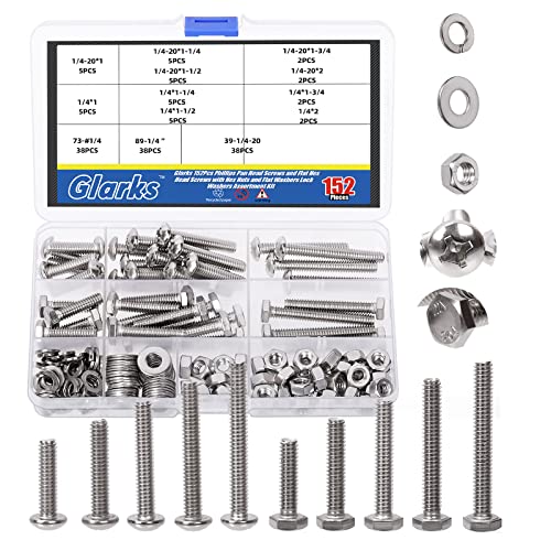 Glarks 152Pcs 1/4"-20 Phillips Pan Head Screws & 1/4" Outer Hexagon Screws with Hex Nuts and Flat Washers Lock Washers Assortment Kit, 304 Stainless Steel Hardware Machine Screws Assortment Set - size: 1/4"