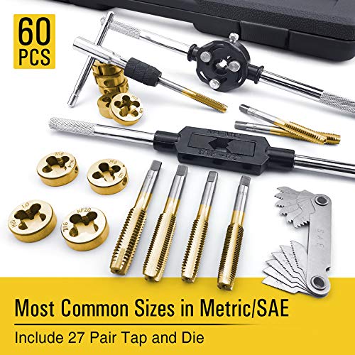 AZUNO 60-Piece Metric & SAE Tap and Die Set, Titanium-Coated GCr15 Steel