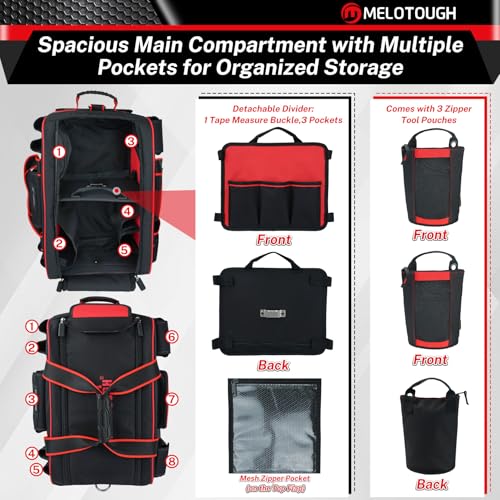 MELOTOUGH Rolling Tool Bag with 3 Zipper Pouches, Heavy Duty Large Tool Bag with Concealed Telescoping Handle, Multi-Pocket Organizer for Construction, Electrician, HVAC - 4 Carrying Options (Red) - style: Rolling Tool Bag Set
