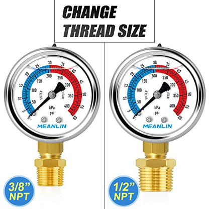 MEANLIN MEASURE 1/4" NPT 0-60psi Pressure Gauge, 2" Dial Glycerine Filled Pool Filter, 304 Stainless Steel Housing, Lower Mount, with 1/2" NPT and 3/8" NPT Hex Bushing - size: 0-60Psi/0-400Kpa, style: Lower Mount