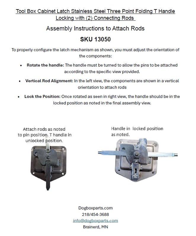 Tool Box Cabinet Latch Stainless Steel Three Point Folding T Handle Locking with (2) Connecting Rods 5/16 x 34L. Mounts to Flat Panel Surface. Installation Expertise is Required!